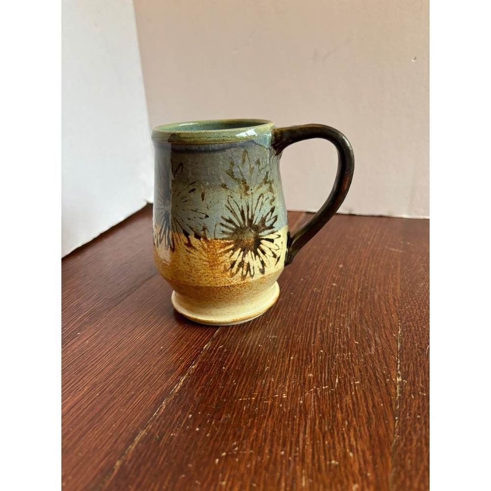 Brooke Avery Studio Pottery Mug Hand Thrown Stoneware Floral Blue Tan 5in